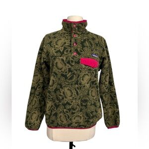 Patagonia Synchilla Green Beige Floral Pattern Snap T Pullover Small- Rare